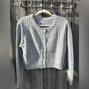 Celebrity Pink Women’s Pointelle Crewneck Cardigan Sweater In Heather Grey.